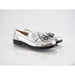 Franco Sarto Lucia Tassel Loafer Women Size 9 Silver Vegan Leather Block Heel